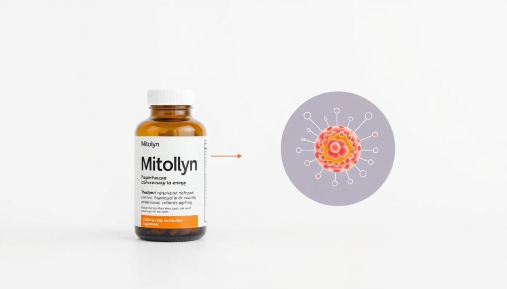 Bottle of Mitolyn weight loss supplement with explanation of mitochondrial function